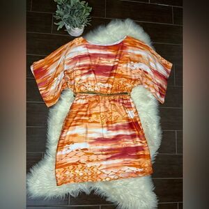 Jessica Howard orange tie dye bell sleeved rouch waisted belted dress sz 8